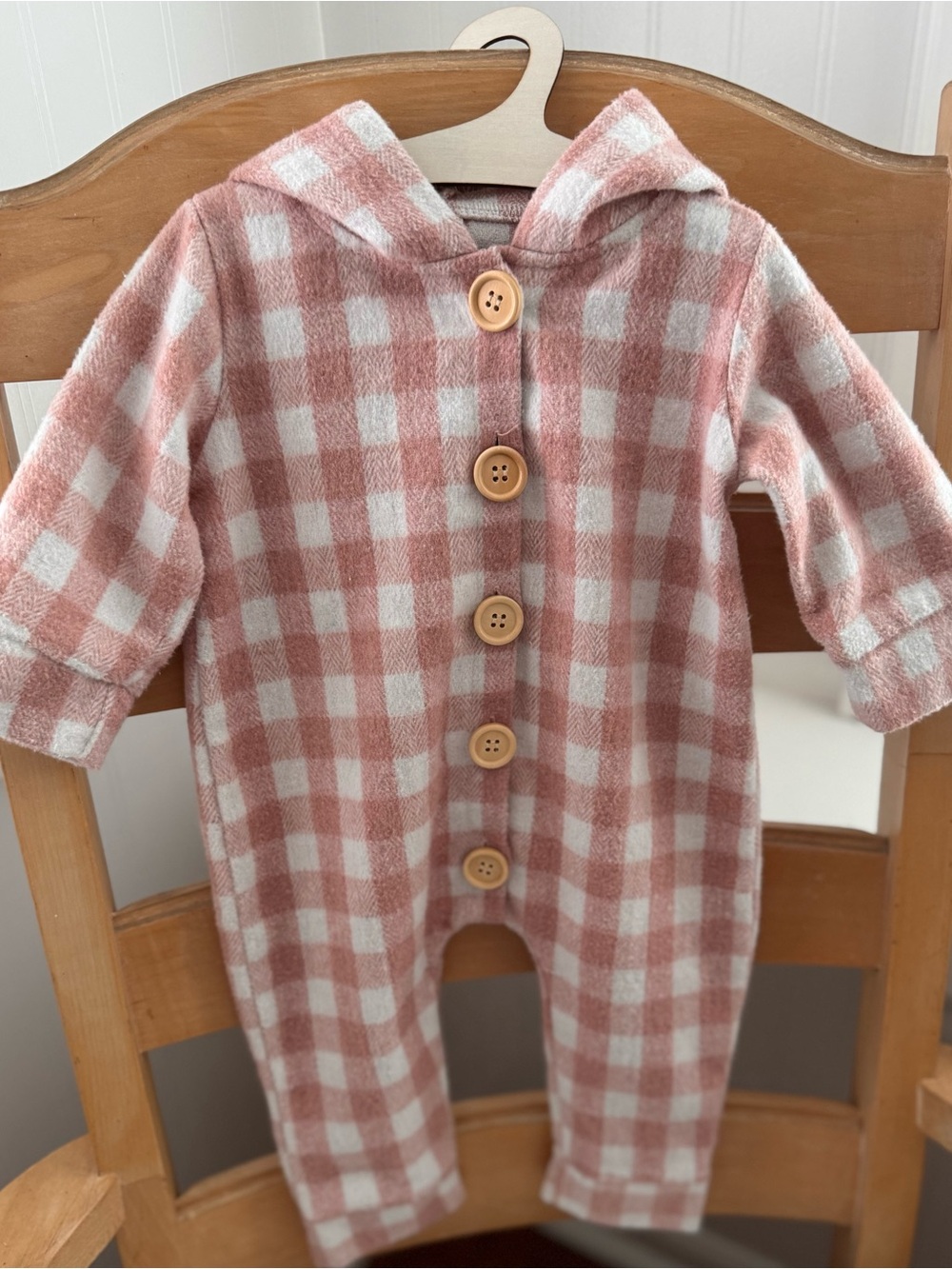 Cozy Hooded Baby One-Piece in Rose Check